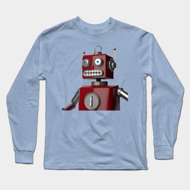 Red wide-eyed robot with grin Long Sleeve T-Shirt by The Universal Saint